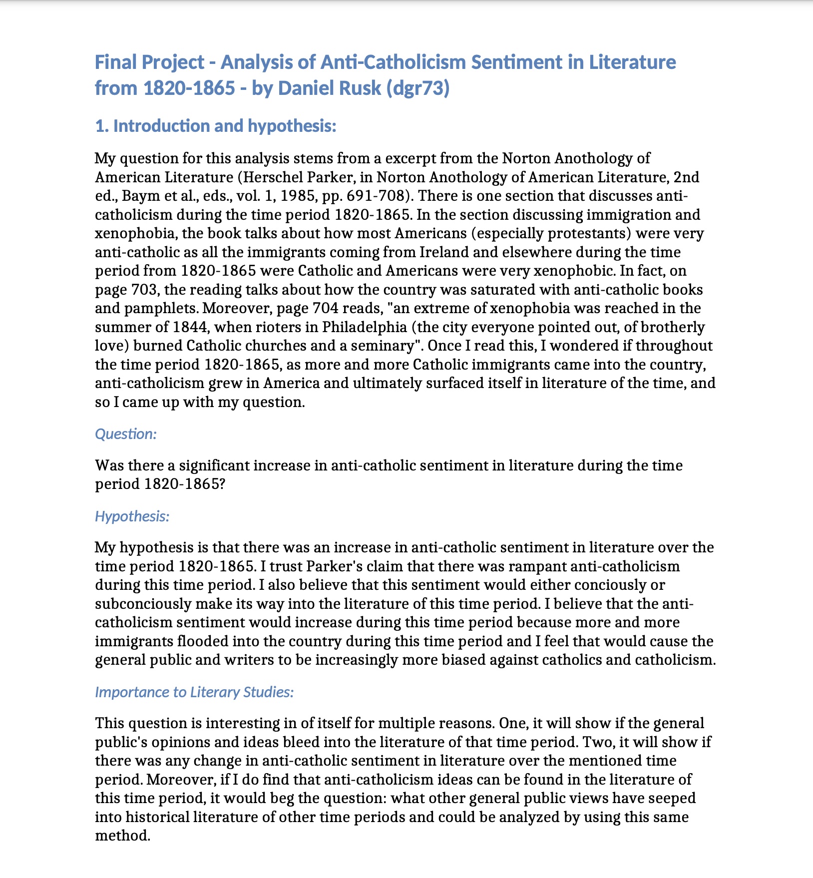 Screenshot of final paper for Text Mining Literature analyzing the sentiment surrounding catholicism during the time period 1820-1865.
