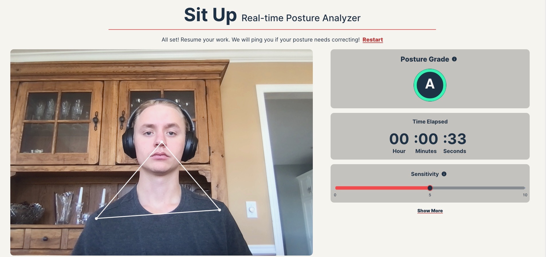 Screenshot of Slouch Detecting Web App made with Tensorflow.js and React